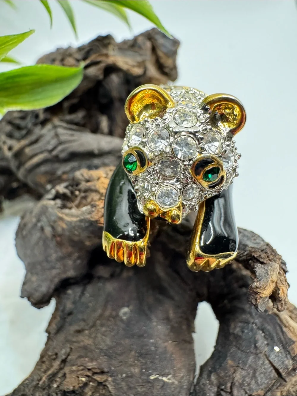Vintage panda shoulder brooch, crystal and black enamel on gold tone metal, EUC.
